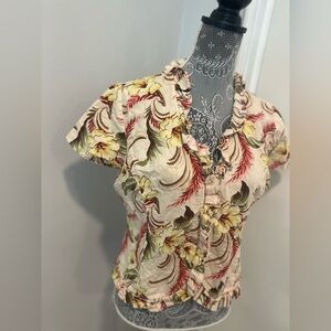 Oscar de la Renta linen Blend Sz: L Hawaiian Floral ruffled Lightweight Blouse.